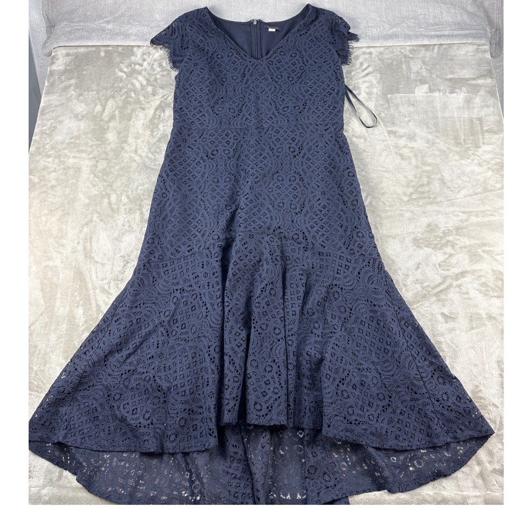 Tommy Hilfiger Dress Womens 16 High-Low Navy Blue Lace Eyelash Trim EUC